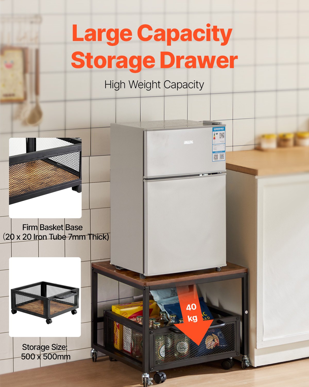 Minikylskåpsställ med förvaring, 198 lbs minikylskåpsbord med flyttbar förvaringsvagn och svängbara hjul, dryckeskylskåpsställ för kaffebar, minikylskåpsorganisatör för studenthem, ljusbrun