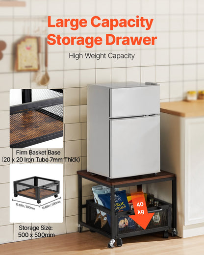 Minikylskåpsställ med förvaring, 198 lbs minikylskåpsbord med flyttbar förvaringsvagn och svängbara hjul, dryckeskylskåpsställ för kaffebar, minikylskåpsorganisatör för studenthem, mörkbrun