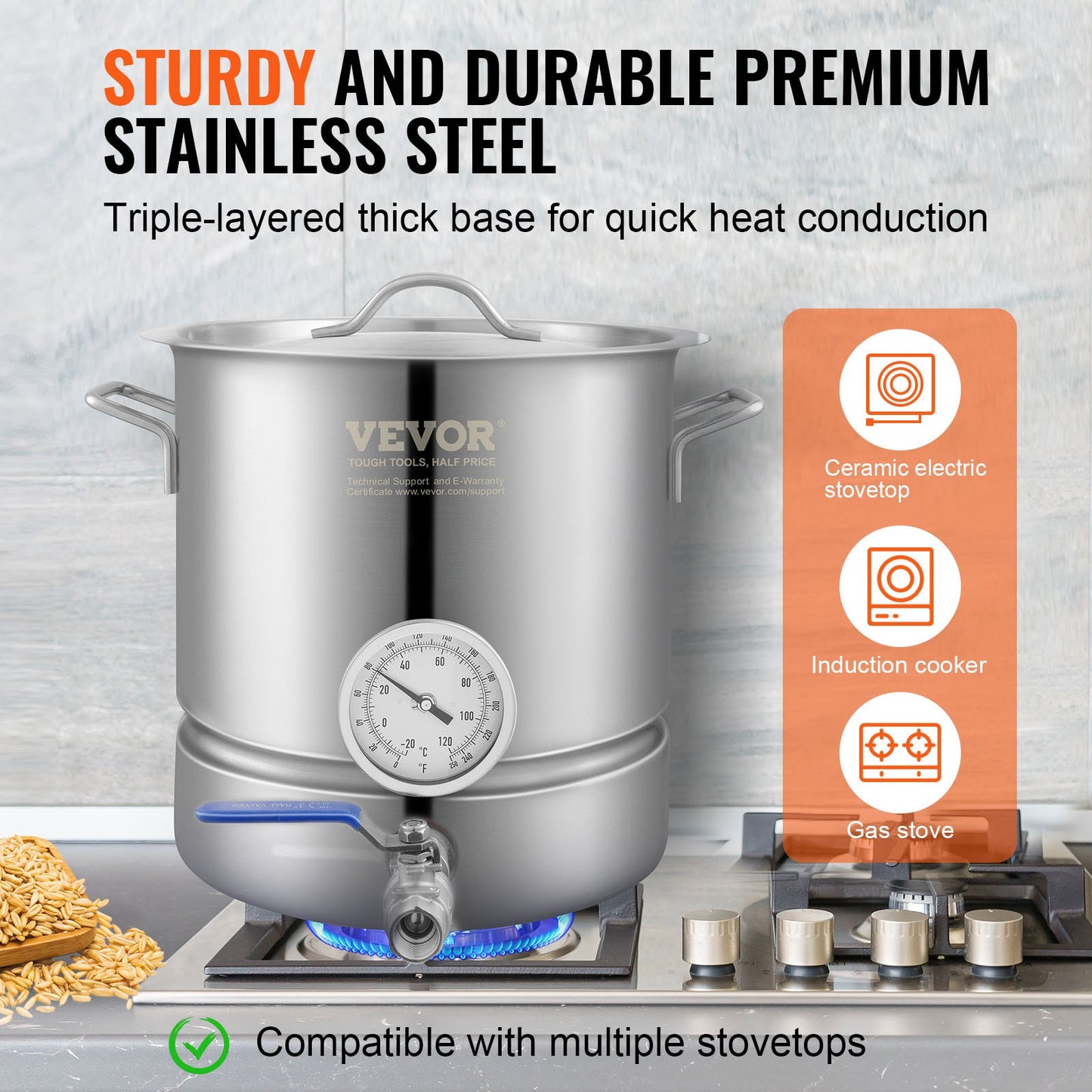 Stainless Steel Kettle, 18.9 L Brewing Pot, Tri Ply Bottom for Beer, Brew Kettle Pot, Home Brewing Supplies Includes Lid, Handle, Thermometer, Ball Valve Spigot, Filter, Filter Tray