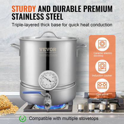 Stainless Steel Kettle, 18.9 L Brewing Pot, Tri Ply Bottom for Beer, Brew Kettle Pot, Home Brewing Supplies Includes Lid, Handle, Thermometer, Ball Valve Spigot, Filter, Filter Tray