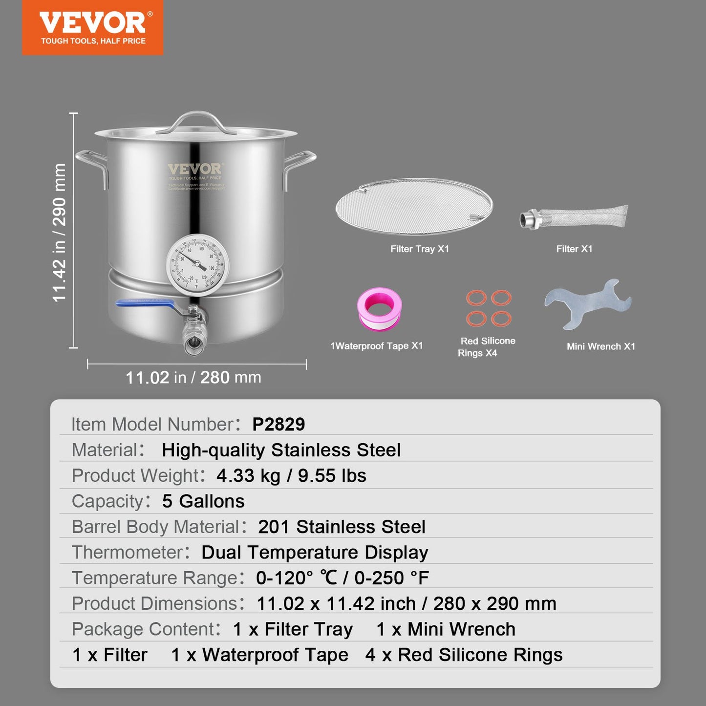 Stainless Steel Kettle, 18.9 L Brewing Pot, Tri Ply Bottom for Beer, Brew Kettle Pot, Home Brewing Supplies Includes Lid, Handle, Thermometer, Ball Valve Spigot, Filter, Filter Tray