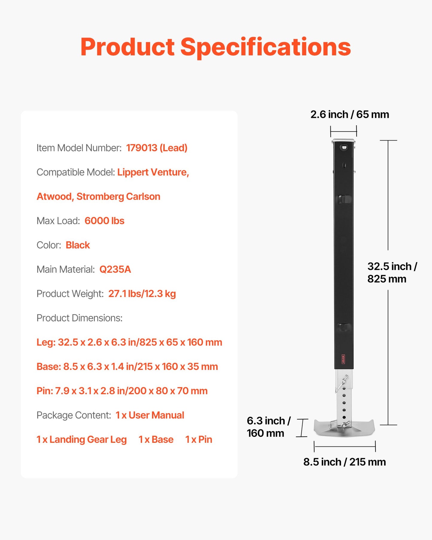 RV Lead Femtehjulslandställsben 179013, 825 mm Femtehjulslandställ Universal Ersättning Kompatibel med Lippert Venture, Atwood, Stromberg Carlson Systems, med Sprint och Bas, Svart