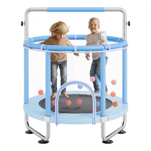135 cm barnstudsmatta, 1,2 m inomhus- och utomhusstudsmatta, mini-studsmatta för småbarn med säkerhetsnät och basketkorg, födelsedagspresenter, julleksaker för barn från 3 år, blå