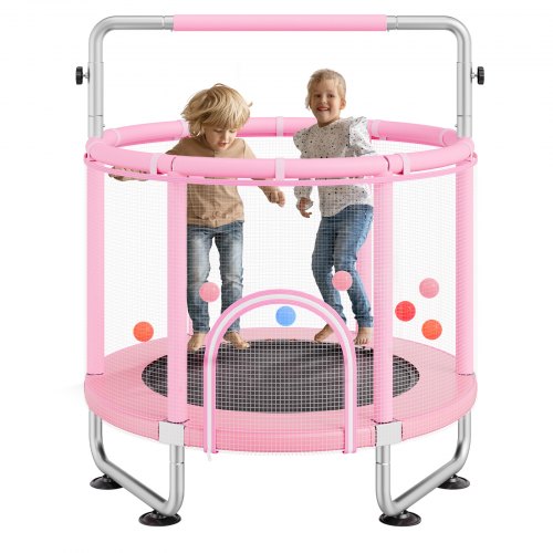 135 cm barnstudsmatta, 1,2 m inomhus- och utomhusstudsmatta, mini-studsmatta för småbarn med säkerhetsnät och basketkorg, födelsedagspresenter, julleksaker för barn från 3 år, rosa