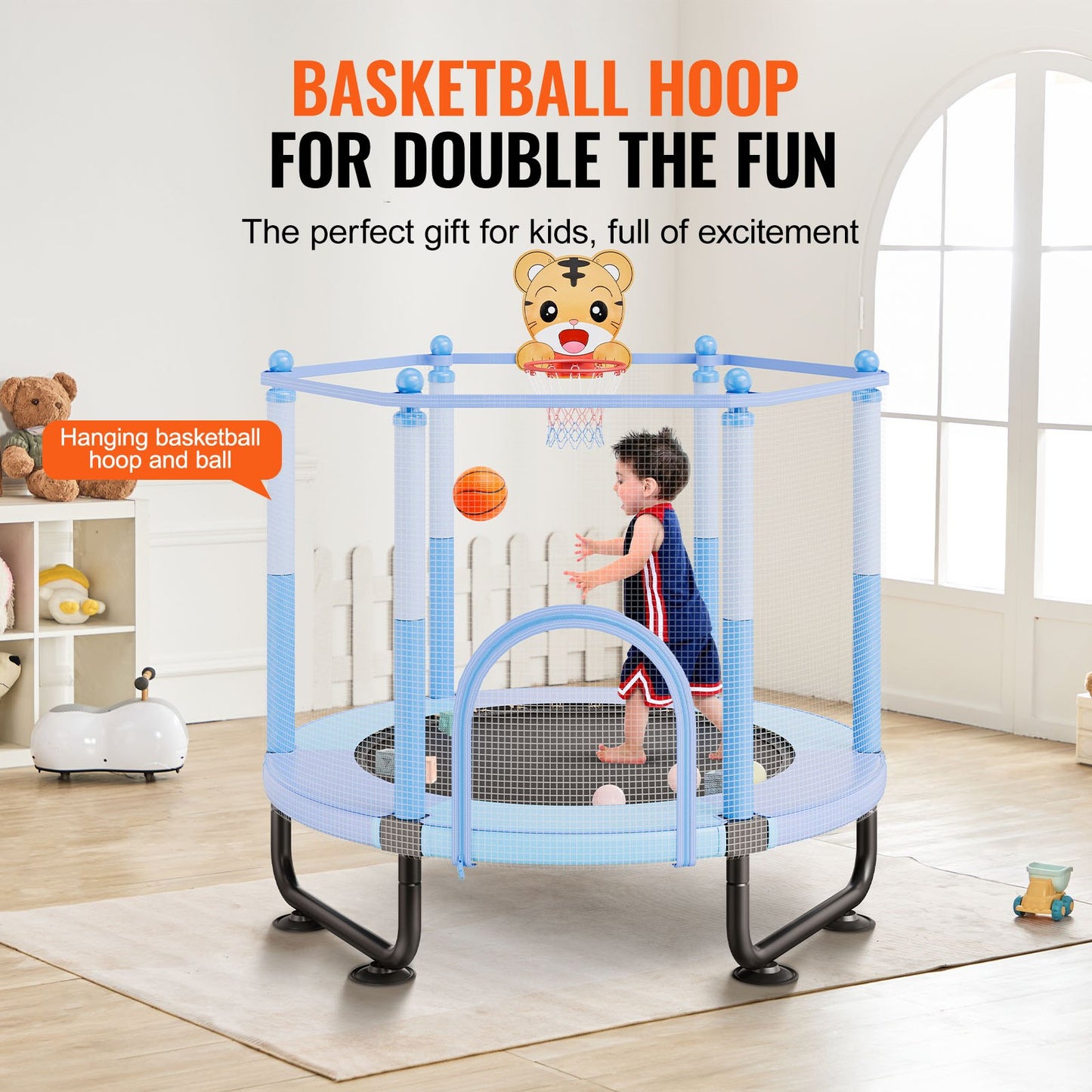 60" barnstudsmatta, 1,5 meter inomhus- och utomhusstudsmatta, mini-studsmatta för småbarn med säkerhetsnät och basketkorg, födelsedagspresenter och julleksaker för barn från 3 år, blå