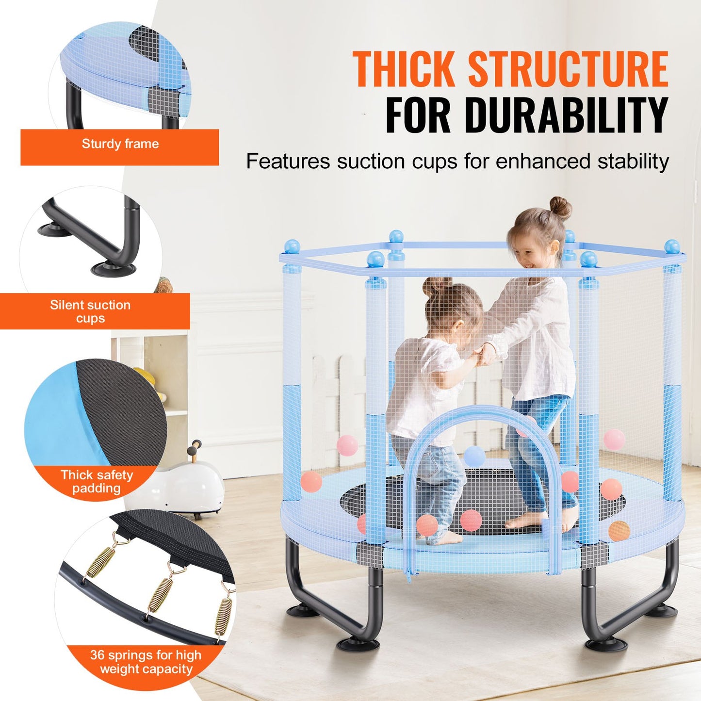 60" barnstudsmatta, 1,5 meter inomhus- och utomhusstudsmatta, mini-studsmatta för småbarn med säkerhetsnät och basketkorg, födelsedagspresenter och julleksaker för barn från 3 år, blå