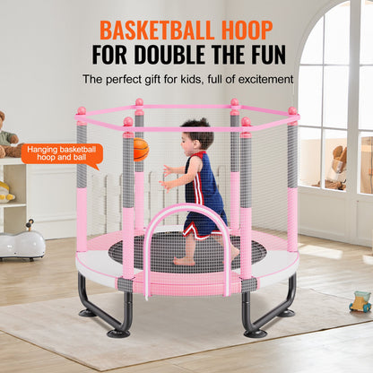 60" barnstudsmatta, 1,5 meter inomhus- och utomhusstudsmatta, mini-studsmatta för småbarn med säkerhetsnät och basketkorg, födelsedagspresenter, julleksaker för barn från 3 år, rosa
