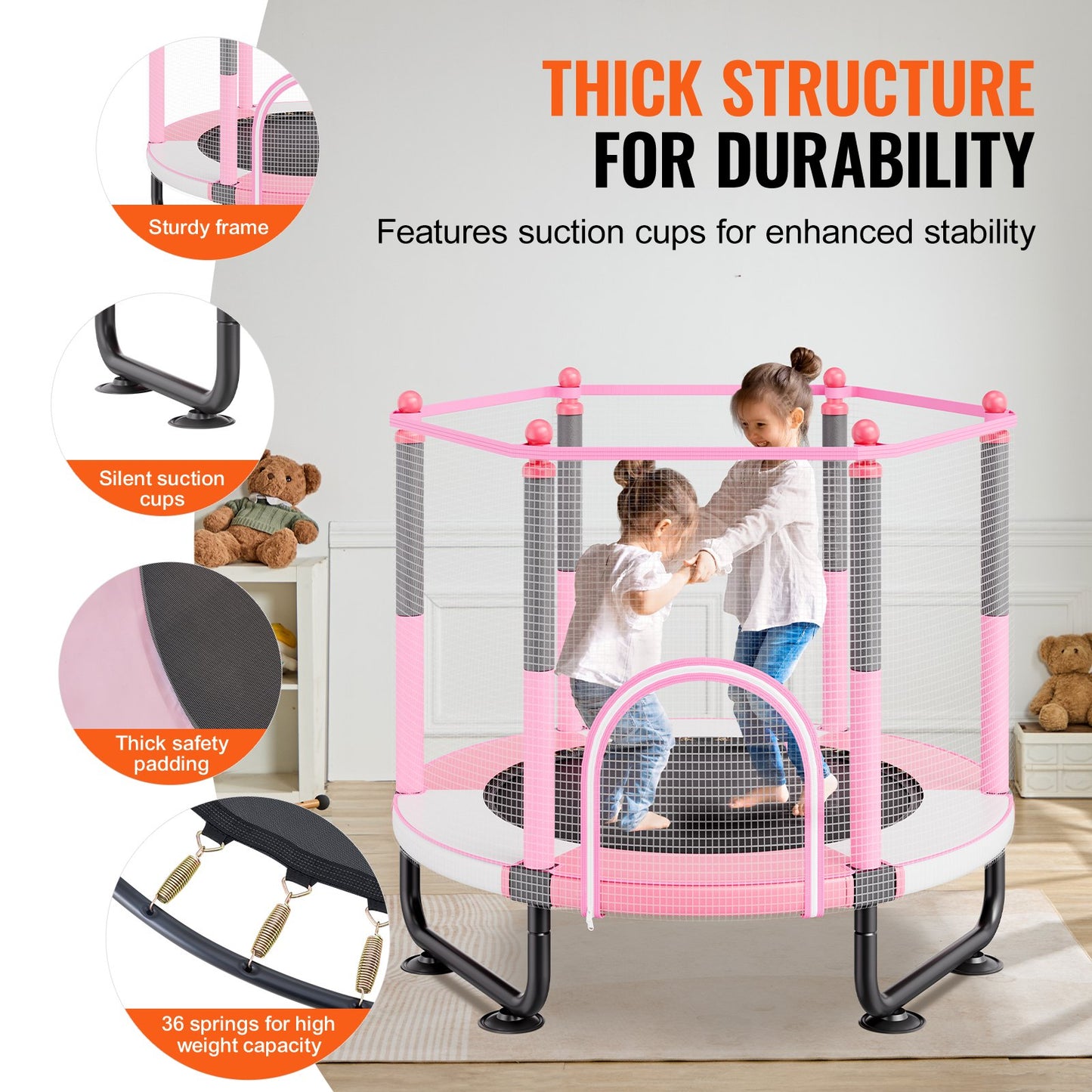 60" barnstudsmatta, 1,5 meter inomhus- och utomhusstudsmatta, mini-studsmatta för småbarn med säkerhetsnät och basketkorg, födelsedagspresenter, julleksaker för barn från 3 år, rosa