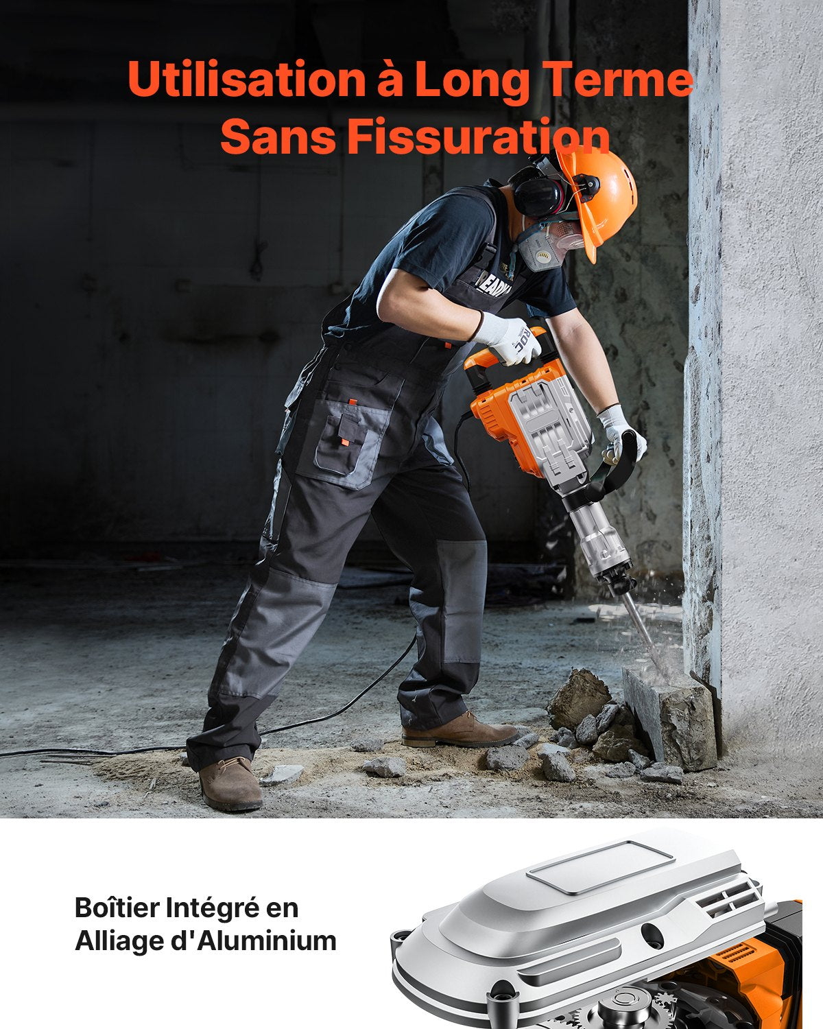 Rivningslyft, 3500W lyfthammare för betong, 1900 slag/min kraftig elektrisk lyfthammare, 2 st mejsel med handskar och 360°C vridbart framhandtag för schaktning och håltagning