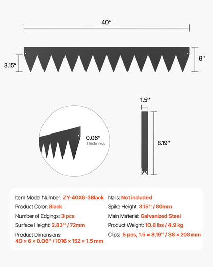 Stålkantlist, 3-pack 40 x 6 tum rostbeständig metallkantlist, böjbar trädgårdskant, kraftig gräsmatta, lätt att installera, rabattgångavdelare svart
