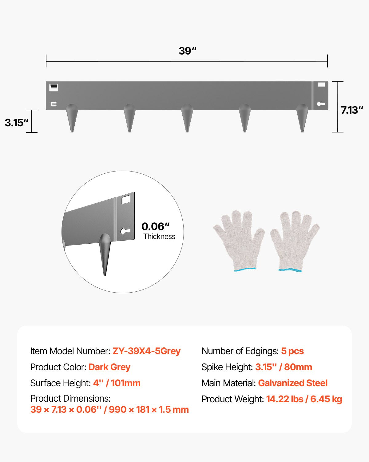 Stålkantlist, 5-pack 39 x 4 tum rostbeständig metallkantlist, böjbar trädgårdskant, kraftig gräsmatta, lätt att installera, rabattgångavdelare mörkgrå