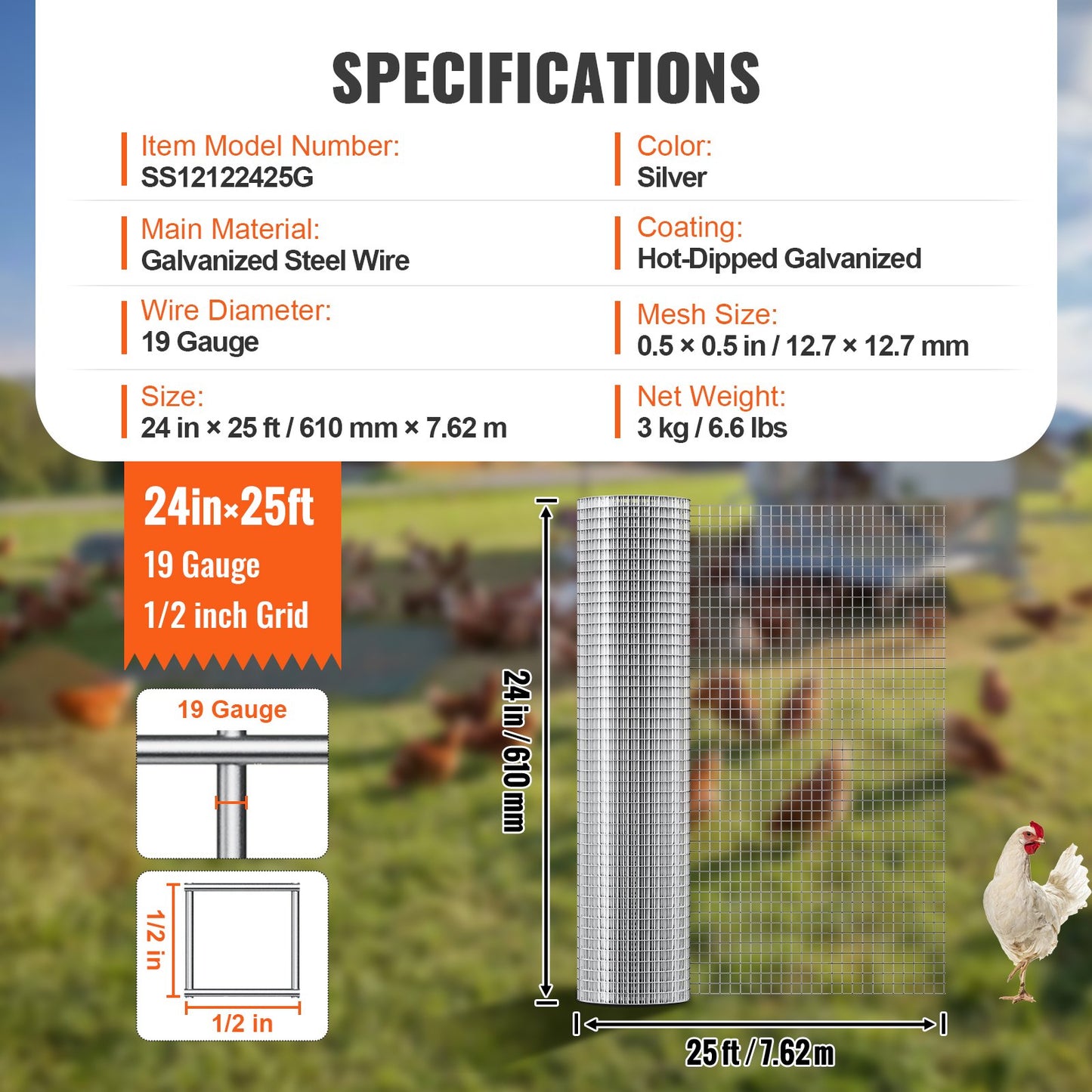 Järnvaruduk, 1/2 tum 24 tum x 25 fot 19 Gauge, varmgalvaniserad trådnätsrulle, hönsnätsstängsel, trådnät för kaninburar, trädgård, små gnagare