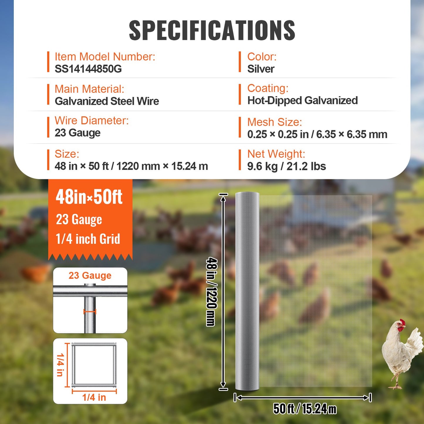 Hardware Cloth, 1/4 inch 48in x 50 ft 23 Gauge, Hot Dipped Galvanized Wire Mesh Roll, Chicken Wire Fencing, Wire Mesh for Rabbit Cages, Garden, Small Rodents