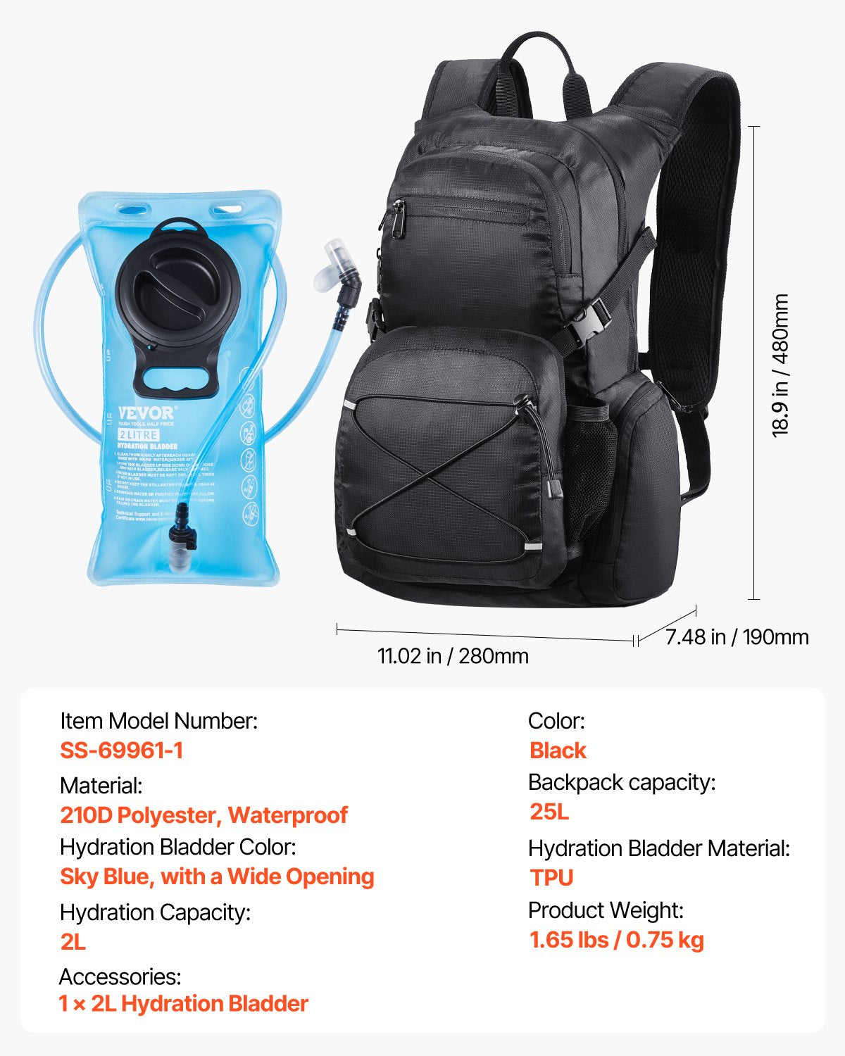 Vätskeryggsäck, 25L isolerad vätskeryggsäck med 2L TPU-vattenblåsa, Vandringsryggsäck med förvaring för män och kvinnor, Hydro Water Daypack för vandring, löpning, cykling, camping