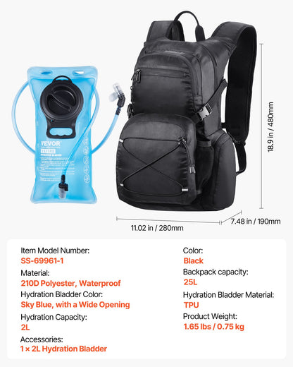 Vätskeryggsäck, 25L isolerad vätskeryggsäck med 2L TPU-vattenblåsa, Vandringsryggsäck med förvaring för män och kvinnor, Hydro Water Daypack för vandring, löpning, cykling, camping