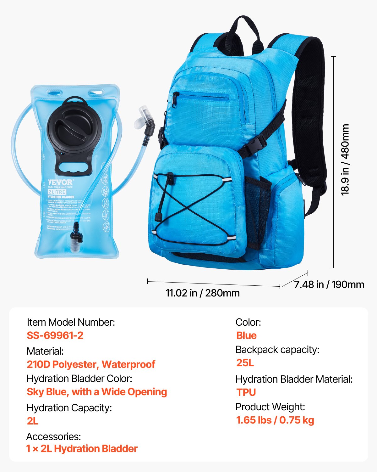 Vätskeryggsäck, 25L isolerad vätskeryggsäck med 2L TPU-vattenblåsa, Vandringsryggsäck med förvaring för män och kvinnor, Hydro Water Daypack för vandring, löpning, cykling, camping