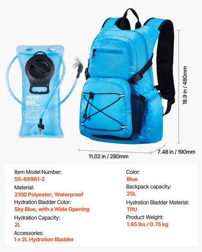 Vätskeryggsäck, 25L isolerad vätskeryggsäck med 2L TPU-vattenblåsa, Vandringsryggsäck med förvaring för män och kvinnor, Hydro Water Daypack för vandring, löpning, cykling, camping