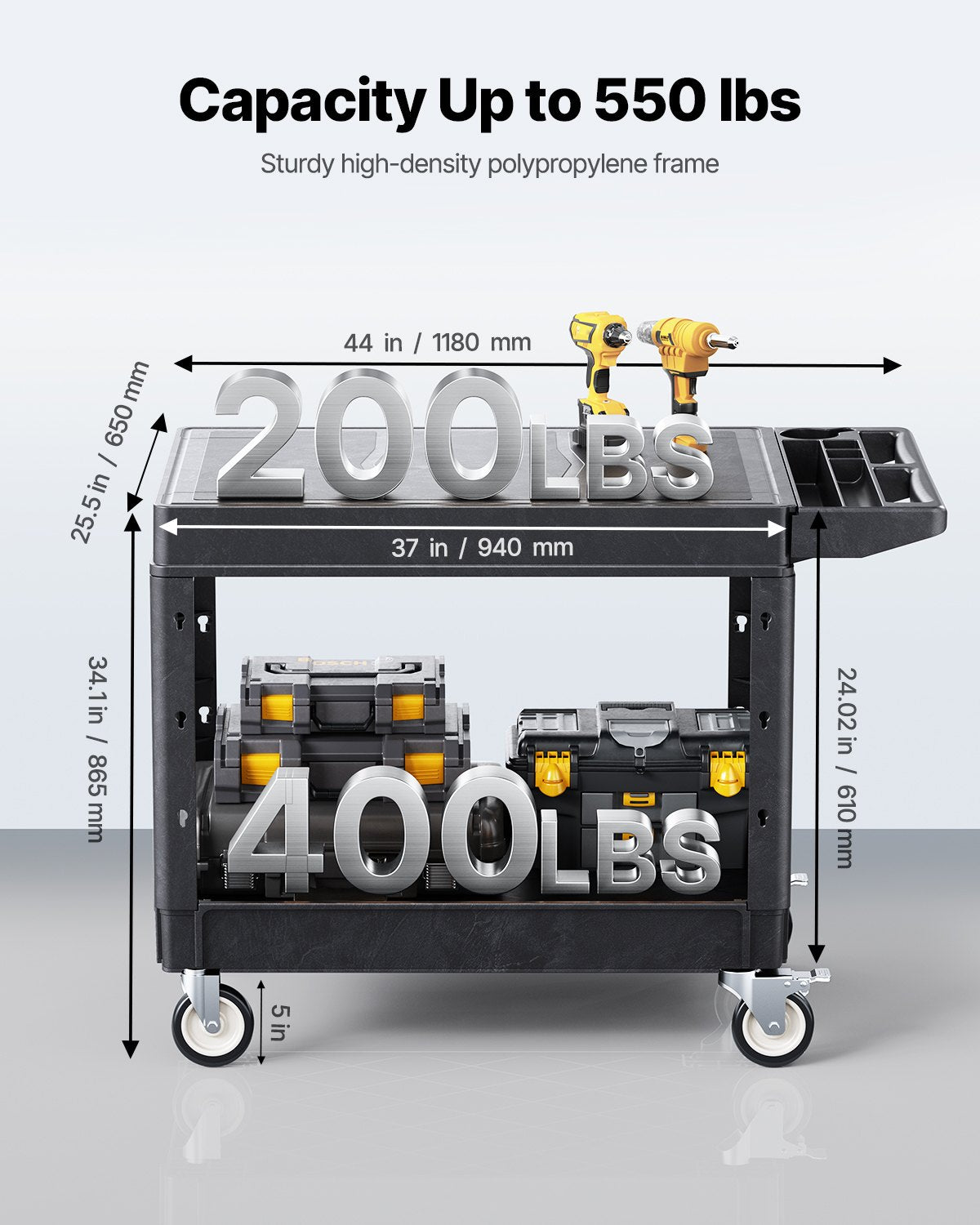 Verktygsvagn, 227 kg lastkapacitet, 94 x 61 cm servicevagn, kraftig verktygsvagn i plast med två hyllor och 360° svängbara hjul (2 med bromsar), lämplig för lager, garage, städning
