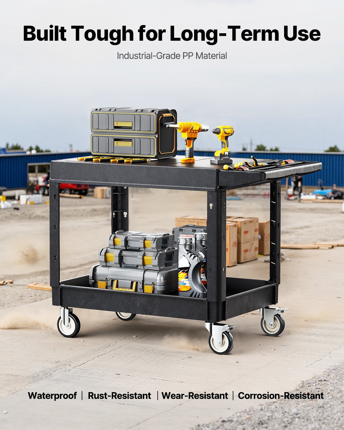 Verktygsvagn, 227 kg lastkapacitet, 94 x 61 cm servicevagn, kraftig verktygsvagn i plast med två hyllor och 360° svängbara hjul (2 med bromsar), lämplig för lager, garage, städning