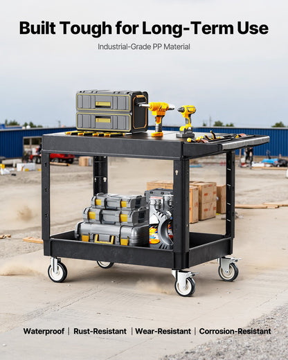 Verktygsvagn, 227 kg lastkapacitet, 94 x 61 cm servicevagn, kraftig verktygsvagn i plast med två hyllor och 360° svängbara hjul (2 med bromsar), lämplig för lager, garage, städning