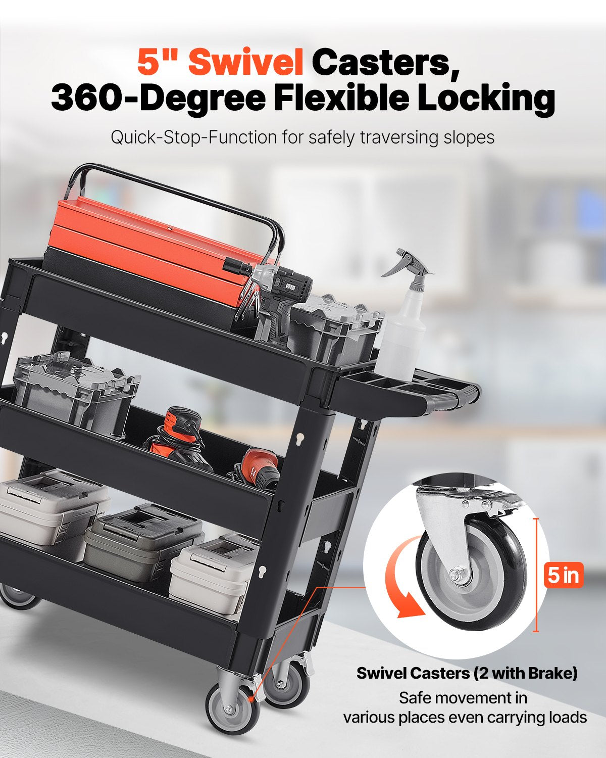 Servicevagn, 550 kg lastkapacitet, 3 hyllplan med kraftig plastrullande verktygsvagn med 360° svängbara hjul (2 med bromsar), ergonomiskt förvaringshandtag för lager/garage/städning