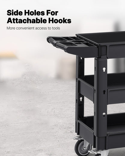 Servicevagn, 550 kg lastkapacitet, 3 hyllplan med kraftig plastrullande verktygsvagn med 360° svängbara hjul (2 med bromsar), ergonomiskt förvaringshandtag för lager/garage/städning