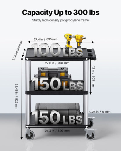 Verktygsvagn, lastkapacitet 136 kg, servicevagn 61 x 46 cm, kraftig verktygsvagn i plast med tre hyllor och 360° svängbara hjul (2 med bromsar), lämplig för lager, garage, städning