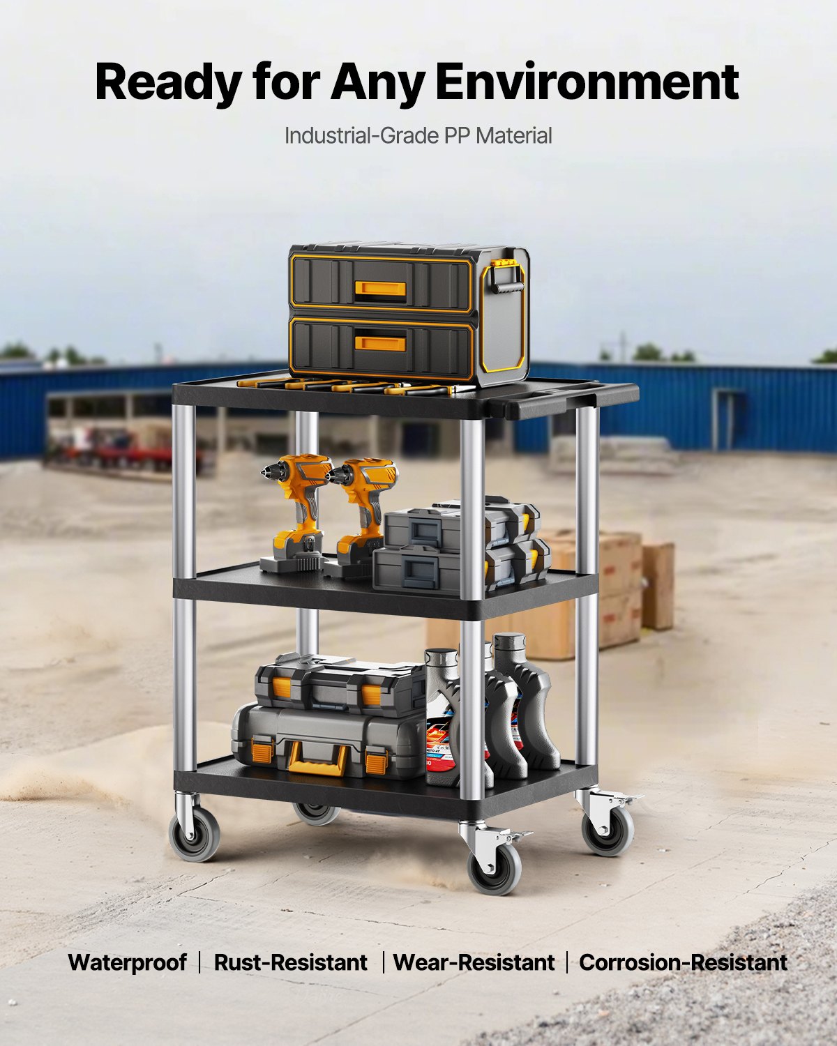 Verktygsvagn, lastkapacitet 136 kg, servicevagn 61 x 46 cm, kraftig verktygsvagn i plast med tre hyllor och 360° svängbara hjul (2 med bromsar), lämplig för lager, garage, städning