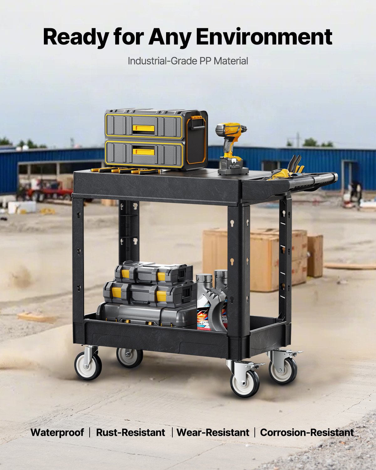 Verktygsvagn, 227 kg lastkapacitet, 84 x 44 cm servicevagn, kraftig verktygsvagn i plast med två hyllor och 360° svängbara hjul (2 med bromsar), lämplig för lager, garage, städning