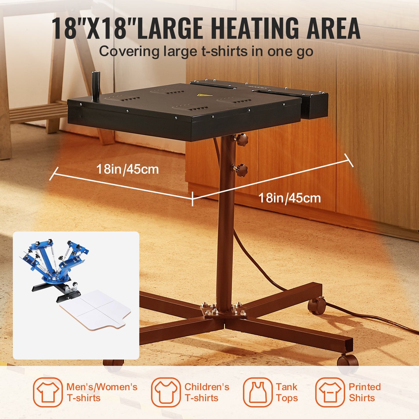 Flash-tork, 18 x 18 tums flash-tork för screentryck, högpresterande silkscreen-tork med höjdjusterbart stativ, 360° rotation, X-formad bas, härdningsmaskin i stål för T-shirts