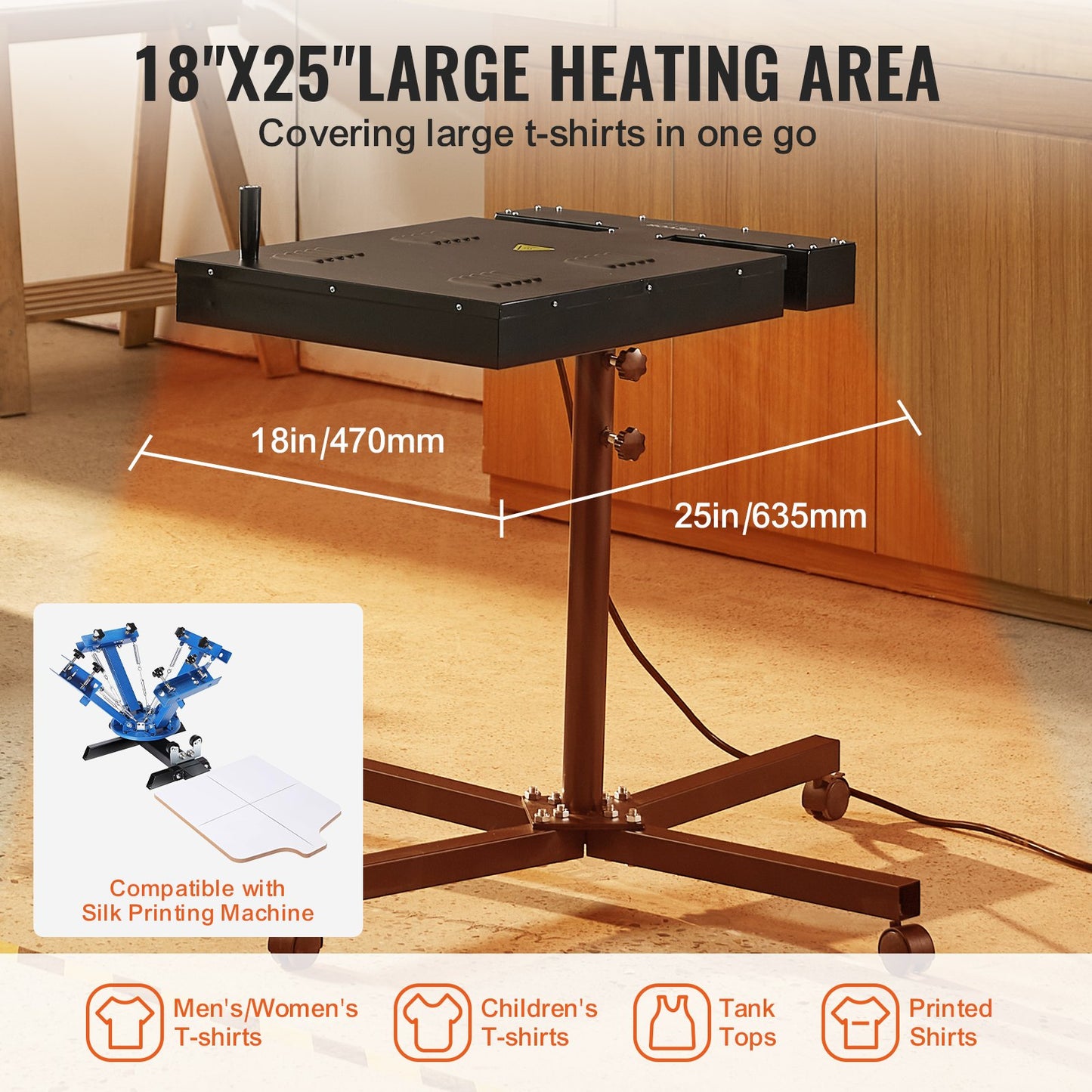 Flash-tork, 18 x 25 tums flash-tork för screentryck, högpresterande silkscreen-tork med höjdjusterbart stativ, 360° rotation, X-formad bas, härdningsmaskin i stål för T-shirts