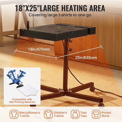 Flash-tork, 18 x 25 tums flash-tork för screentryck, högpresterande silkscreen-tork med höjdjusterbart stativ, 360° rotation, X-formad bas, härdningsmaskin i stål för T-shirts