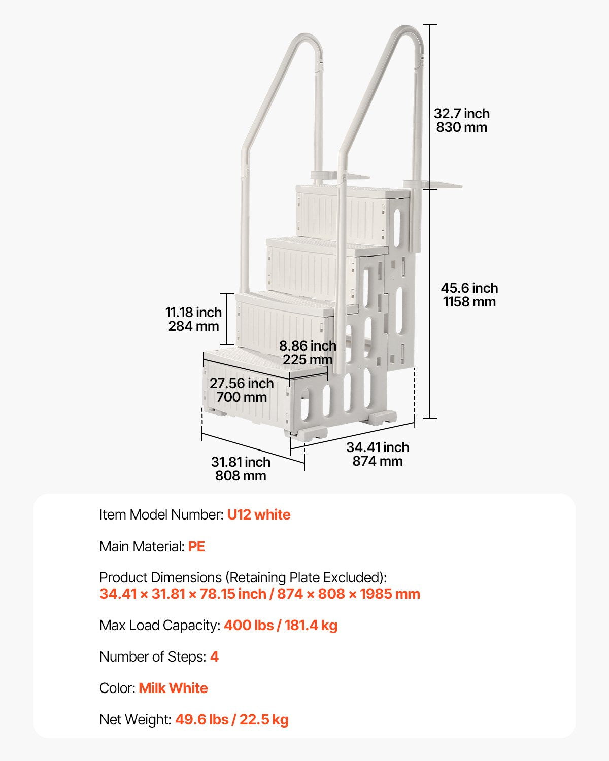 Poolstege, 4-stegs dubbla ledstänger med halkfria, kraftiga steg, max lastkapacitet 180 kg, för 122-142 cm nedgrävda och ovanmarkspooler av alla typer av däckytor, mjölkvit