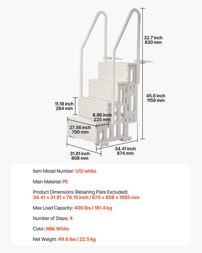 Poolstege, 4-stegs dubbla ledstänger med halkfria, kraftiga steg, max lastkapacitet 180 kg, för 122-142 cm nedgrävda och ovanmarkspooler av alla typer av däckytor, mjölkvit