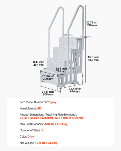 Poolstege, 4-stegs dubbla ledstänger med halkfria, kraftiga steg, pålitlig maxlastkapacitet på 180 kg, för 122-142 cm nedgrävda och ovanmarkspooler på alla typer av däckytor, grå