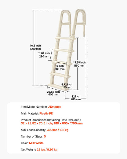 Poolstege, 75° lutande 5-stegs dubbla ledstänger, halkfria kraftiga steg, lastkapacitet 136 kg, för 122-142 cm nedgrävda och ovanmarkspooler på alla typer av däckytor, inomhus och utomhus