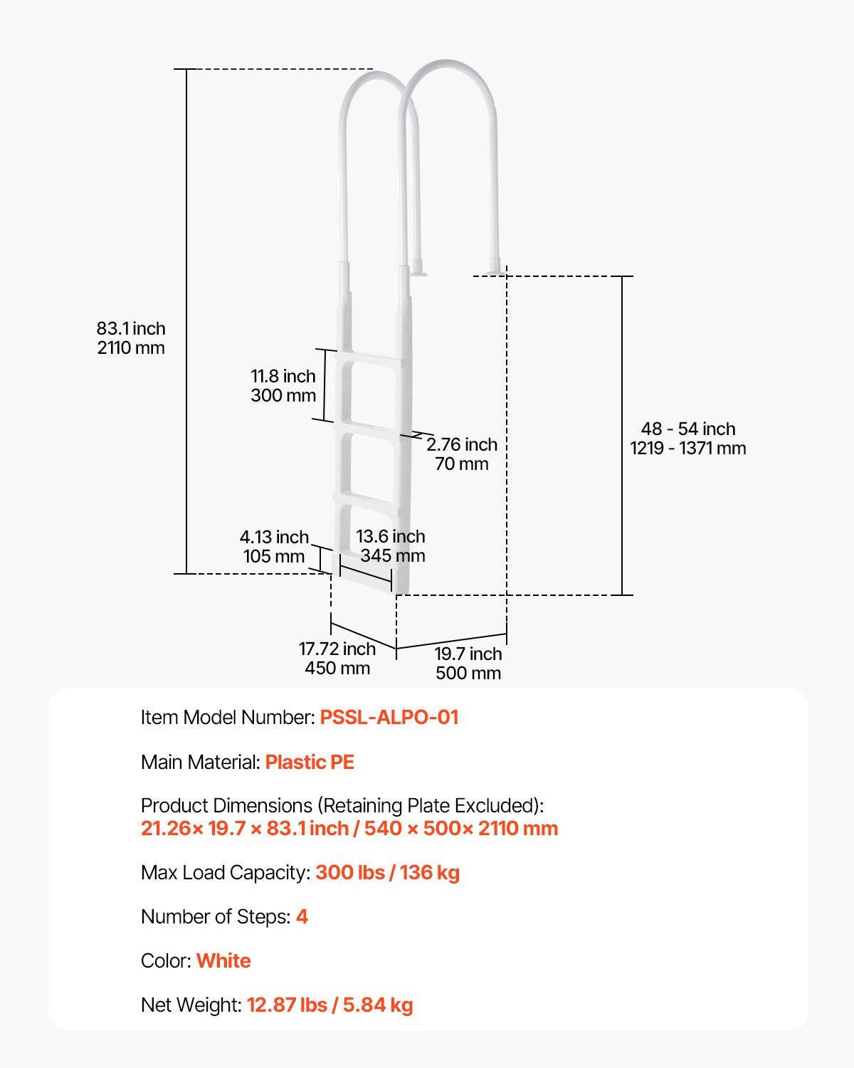 Poolstege, 4-stegs dubbla ledstänger, halkfria förtjockade kraftiga steg, lastkapacitet 136 kg, för 122-142 cm nedgrävda och ovanmarkspooler av alla typer av däckytor, inomhus och utomhus