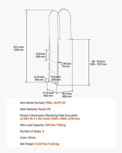 Poolstege, 4-stegs dubbla ledstänger, halkfria förtjockade kraftiga steg, lastkapacitet 136 kg, för 122-142 cm nedgrävda och ovanmarkspooler av alla typer av däckytor, inomhus och utomhus