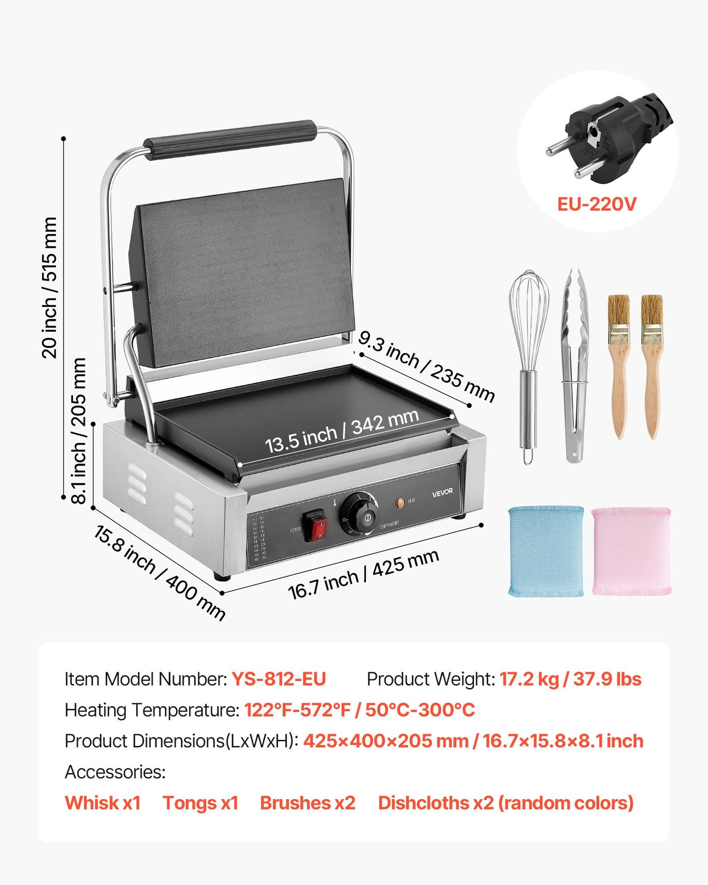 Kommersiell paninigrill, 2200W elektrisk smörgåspaninimaskin, pressgrill i rostfritt stål med handtag och temperaturkontroll, 34x23 cm helplatt emaljplatta, för hamburgare, biff och bacon