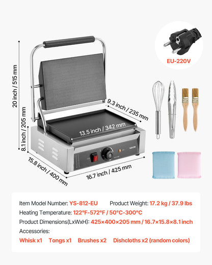 Kommersiell paninigrill, 2200W elektrisk smörgåspaninimaskin, pressgrill i rostfritt stål med handtag och temperaturkontroll, 34x23 cm helplatt emaljplatta, för hamburgare, biff och bacon