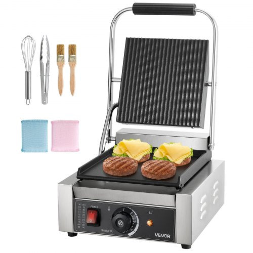 Kommersiell paninigrill, 1800W elektrisk smörgåspaninimaskin, pressgrill i rostfritt stål med handtag och temperaturkontroll, platt emaljplatta 22x23 cm, för hamburgare, biff och bacon