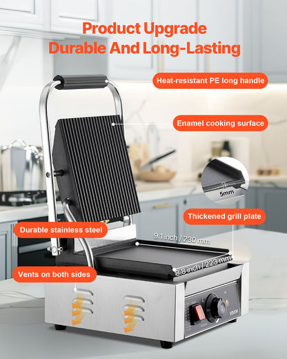 Kommersiell paninigrill, 1800W elektrisk smörgåspaninimaskin, pressgrill i rostfritt stål med handtag och temperaturkontroll, platt emaljplatta 22x23 cm, för hamburgare, biff och bacon