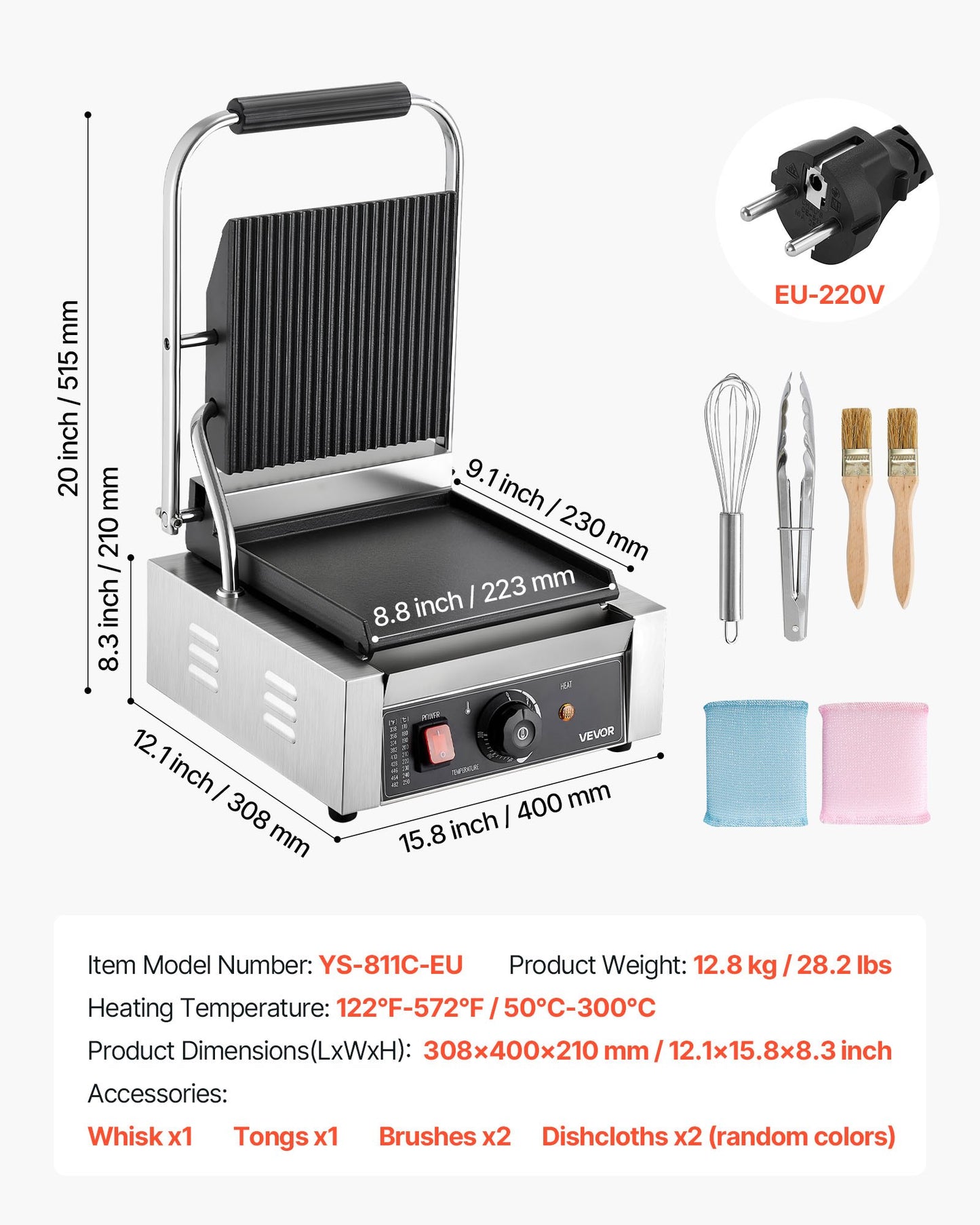 Kommersiell paninigrill, 1800W elektrisk smörgåspaninimaskin, pressgrill i rostfritt stål med handtag och temperaturkontroll, platt emaljplatta 22x23 cm, för hamburgare, biff och bacon
