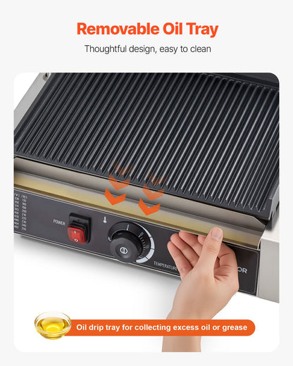 Kommersiell paninigrill, 2200W elektrisk smörgåspaninimaskin, pressgrill i rostfritt stål med handtag och temperaturkontroll, 34x23 cm räfflad emaljplatta, för hamburgare, biff och bacon