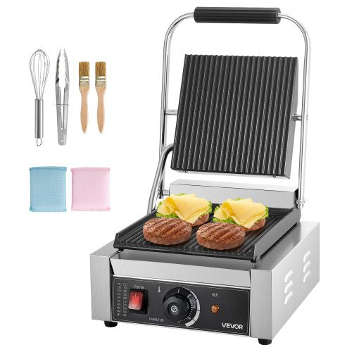Kommersiell paninigrill, 1800W elektrisk smörgåspaninimaskin, pressgrill i rostfritt stål med handtag och temperaturkontroll, platt emaljplatta 22x23 cm, för hamburgare, biff och bacon