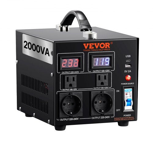 Voltage Converter Transformer, 2000VA, Heavy Duty Step Up/Down Transformer, Convert from 110 Volt to 220 Volt and from 220 Volt to 110 Volt, with US Outlet EU Outlet 5V USB Port, CE Certified