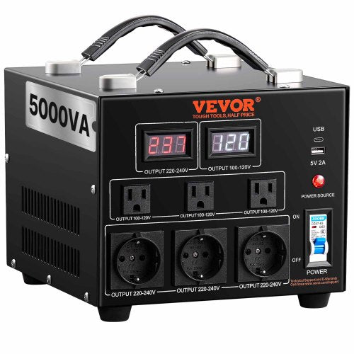 Spänningsomvandlare, 5000VA, Kraftig upp-/nedtransformator, Omvandlare från 110 volt till 220 volt och från 220 volt till 110 volt, med amerikanskt uttag, EU-uttag, 5V USB-port, CE-certifierad