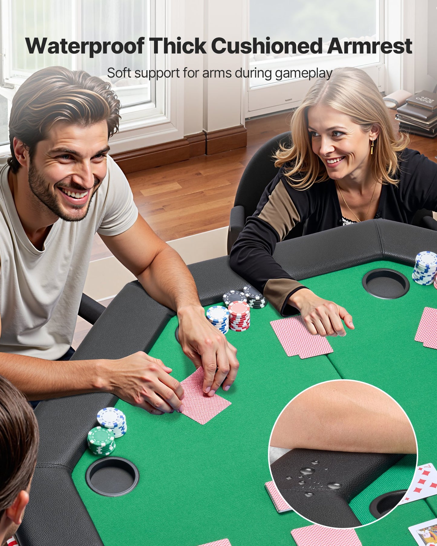 Hopfällbart pokerbord, 8 spelares 1220 mm hopfällbart kasinobord med vadderade skenor och mugghållare, åttkantiga bärbara spelbord med filt- och metallben, för Texas Hold'em-spel och Blackjack