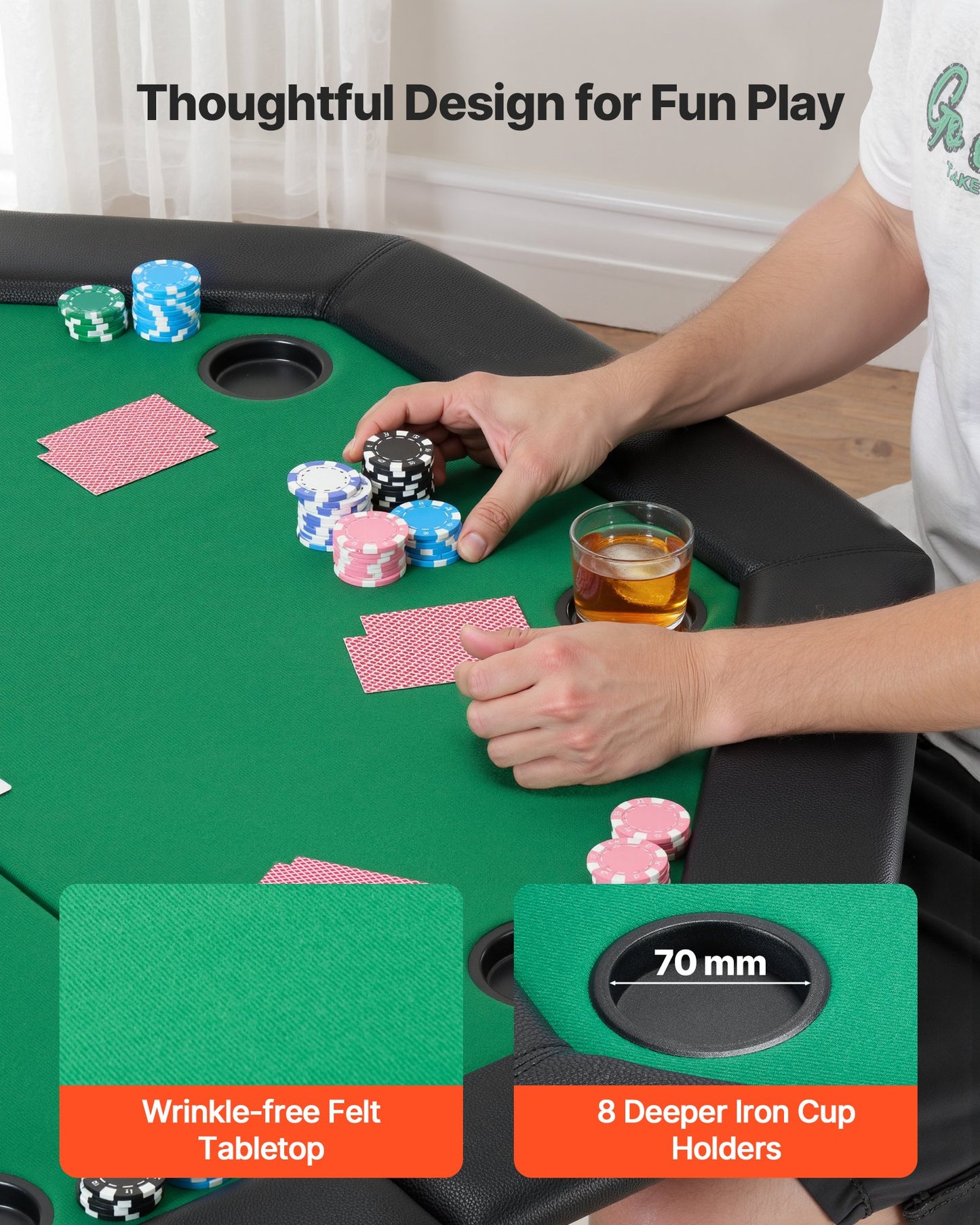 Hopfällbart pokerbord, 8 spelares 1220 mm hopfällbart kasinobord med vadderade skenor och mugghållare, åttkantiga bärbara spelbord med filt- och metallben, för Texas Hold'em-spel och Blackjack