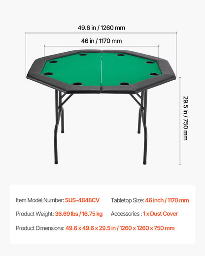Hopfällbart pokerbord, 8 spelares 1220 mm hopfällbart kasinobord med vadderade skenor och mugghållare, åttkantiga bärbara spelbord med filt- och metallben, för Texas Hold'em-spel och Blackjack